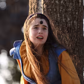 Miranda reacts with anguish and fortitude when confronting her assailant Caliban in the play The Tempest.
