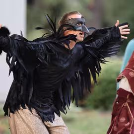 The spirit Ariel transforms into a vulture and casts a spell while lords run in terror in the play The Tempest.