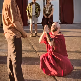 Benedick mockingly begs to be dispatched anywhere away from Beatrice as she watches unbeknownst to him in the play Much Ado About Nothing.